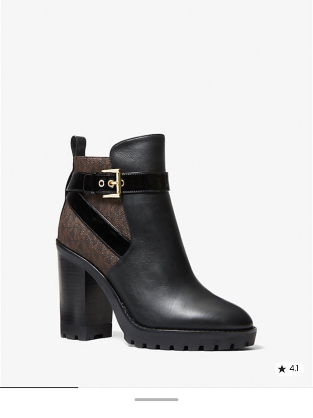 Michael Kors Black Leather & Brown Logo Block Heel Ankle Boot